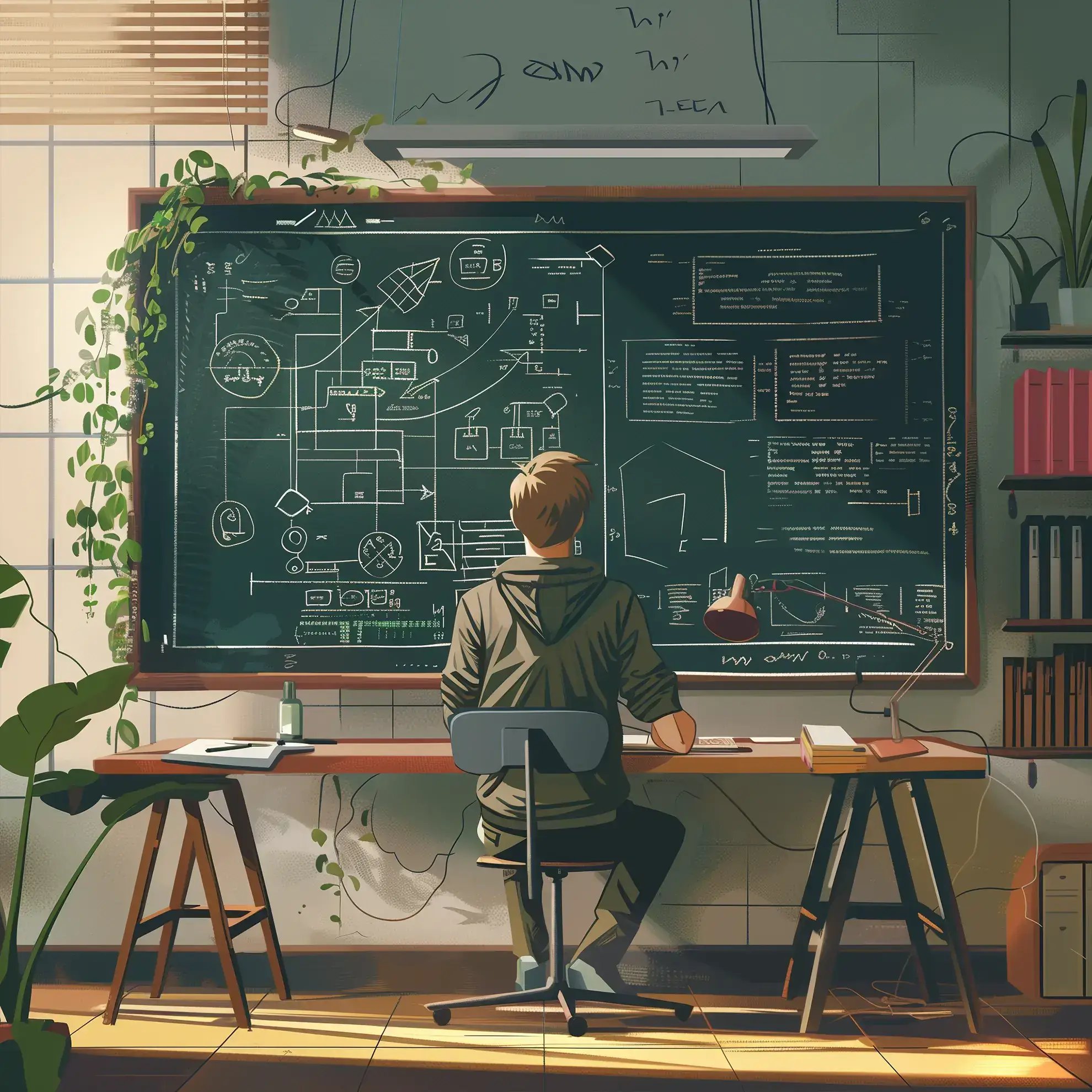 ผู้ฝึกบีเจเจที่มีความมุ่งมั่นวางกลยุทธ์ต่อหน้าแผนภาพที่ซับซ้อนบนกระดานดำ ซึ่งบ่งบอกถึงการพัฒนาทักษะการแก้ปัญหาผ่านลักษณะเชิงกลยุทธ์ของบีเจเจ