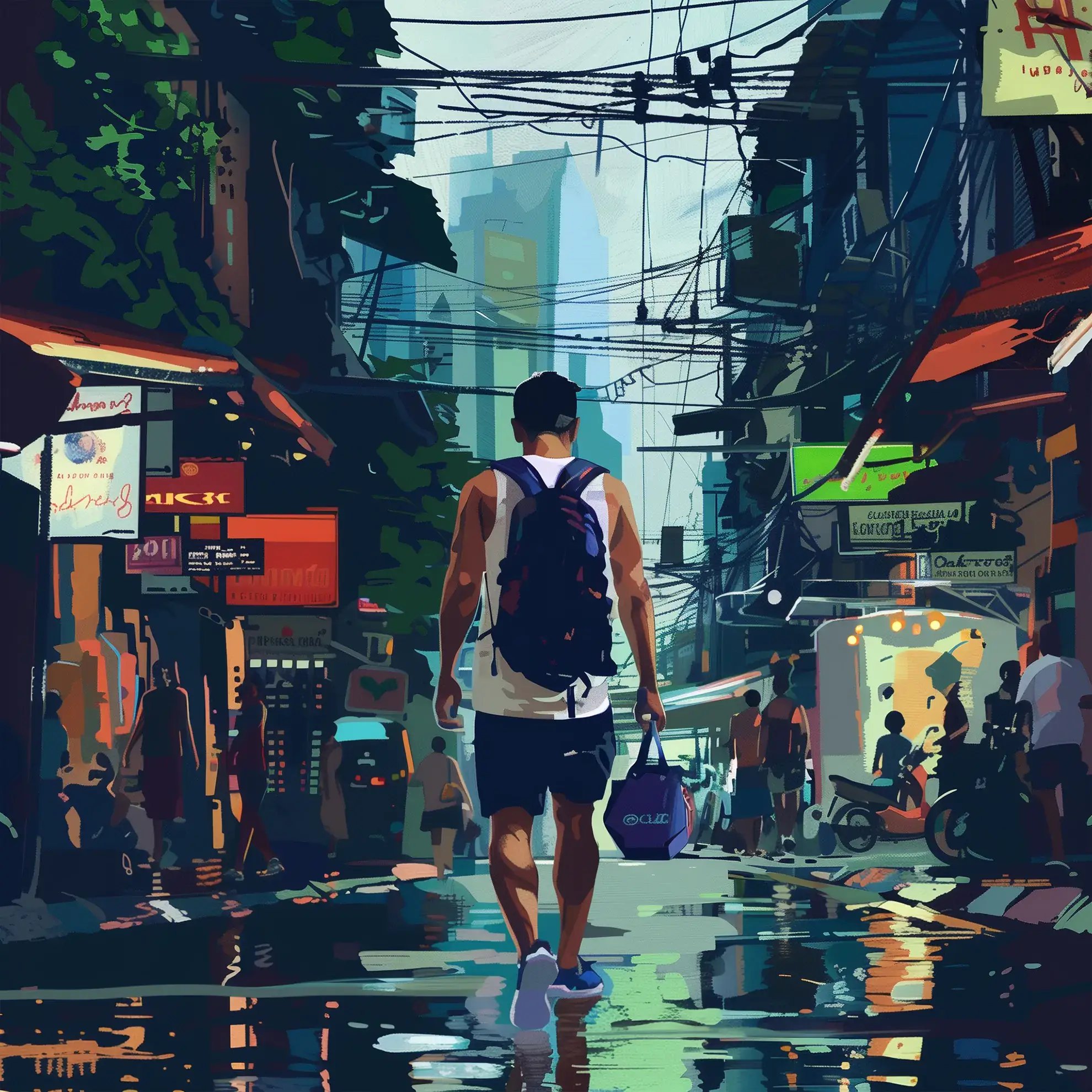 ชายคนหนึ่งเดินไปตามถนนที่พลุกพล่านของกรุงเทพฯ อย่างมั่นใจ พลังของเมืองสะท้อนอยู่ในสีสันที่สดใสและเงาสะท้อนของพื้นถนนที่เปียกชื้น 
ภูมิทัศน์เมืองมีชีวิตชีวาด้วยจิตวิญญาณของศิลปะการต่อสู้ ซึ่งแสดงถึงการโอบรับวิถีชีวิตของบีเจเจในเมือง ท่ามกลางรากฐานดั้งเดิมของมวยไทย